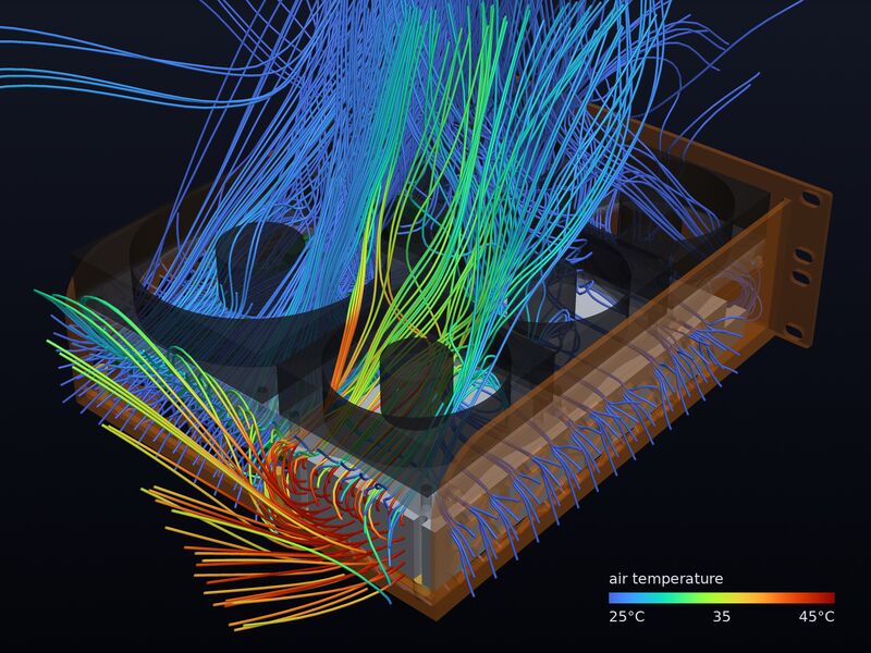 Airflow simulation of the 3D-printed version: lines of air pass through the case and out past five fans, colored from blue at 25 °C to red at 45 °C