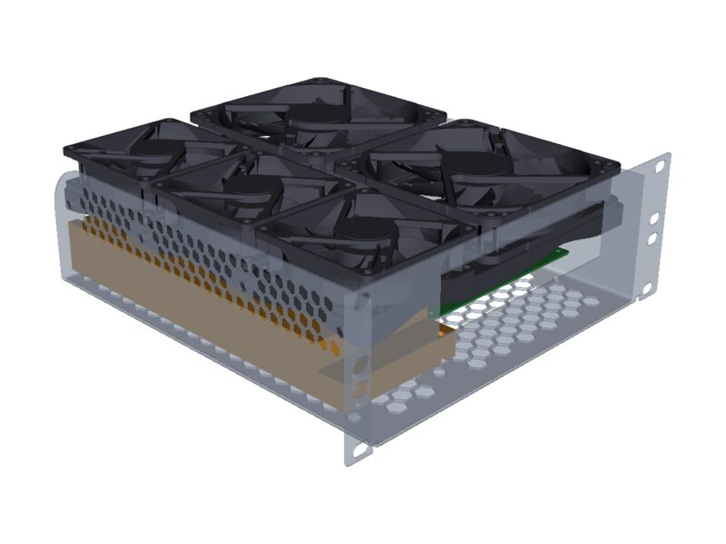 Rack case with fans, power supply and circuit board fitted inside