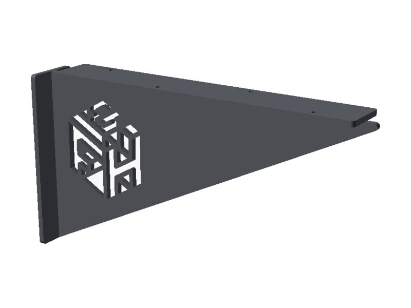 Black steel bracket with the Form & Heritage mark cut through the fin