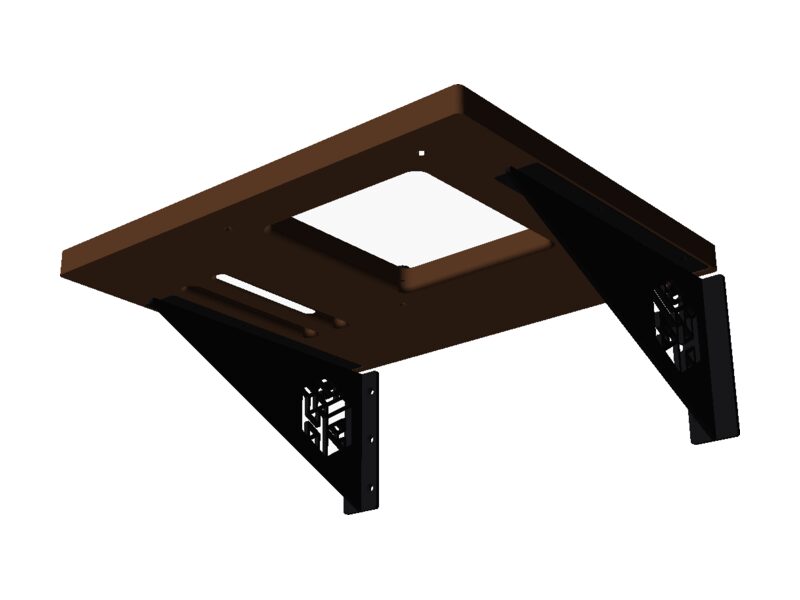Hardwood shelf deck on two black steel brackets, seen from below